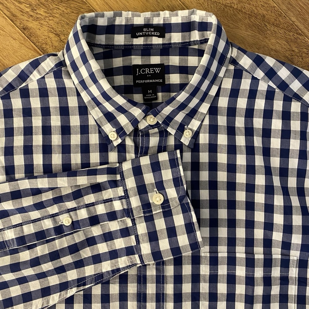 J Crew Performance Button Down Mens Medium Slim Untucked Blue Plaid Long Sleeve